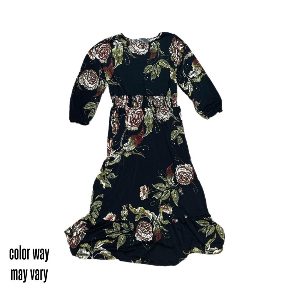 NEW M LuLaRoe Evelyn Smocked Waist Maxi Dress Long Sleeve Black Floral Midi - Picture 2 of 9
